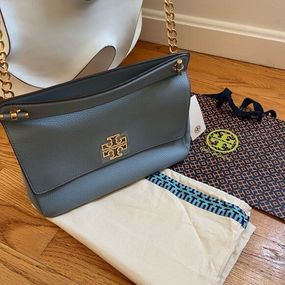NWT . Tory Burch Britten Flap Shoulder Bag Blue Cloud - Picture 6 of 13
